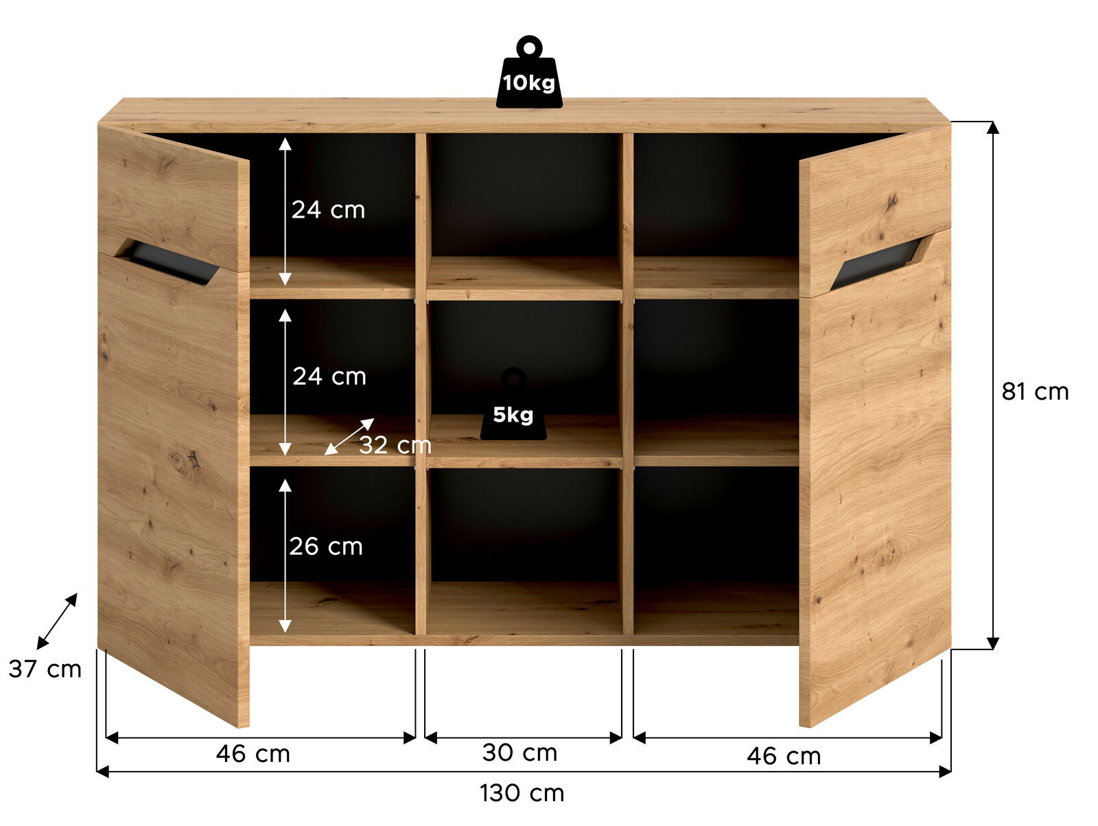 Offenes Sideboard aus Holzoptik mit zwei geöffneten Türen und sechs Fächern, Maße ca. 130 x 81 x 37 cm, Innenfachhöhen 24/24/26 cm, Belastbarkeit 10 kg oben und 5 kg je Fach, Frontansicht leicht schräg von vorn.