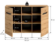 Offenes Sideboard aus Holzoptik mit zwei geöffneten Türen und sechs Fächern, Maße ca. 130 x 81 x 37 cm, Innenfachhöhen 24/24/26 cm, Belastbarkeit 10 kg oben und 5 kg je Fach, Frontansicht leicht schräg von vorn.