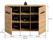 Offenes Sideboard aus Holzoptik mit zwei geöffneten Türen und sechs Fächern, Maße ca. 130 x 81 x 37 cm, Innenfachhöhen 24/24/26 cm, Belastbarkeit 10 kg oben und 5 kg je Fach, Frontansicht leicht schräg von vorn.