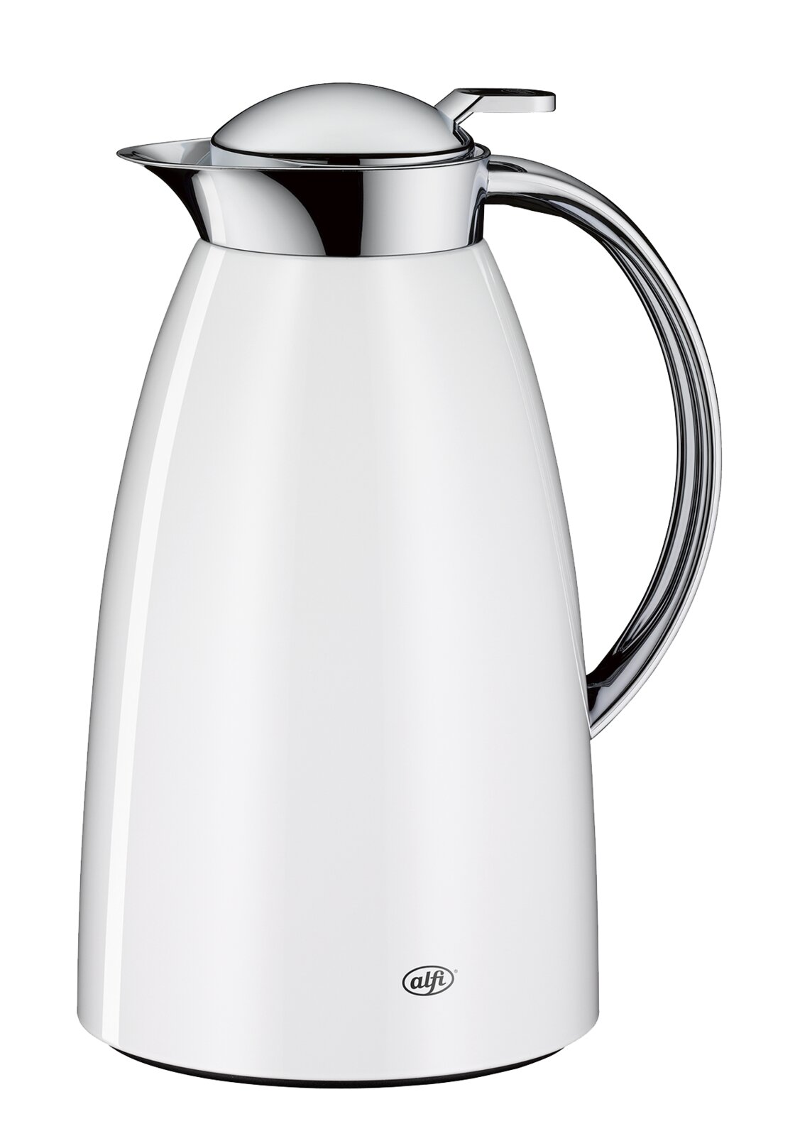 Weiße Isolierkanne mit Chromdeckel und ergonomischem Griff, seitliche Produktansicht vor schwarzem Hintergrund