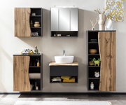 Moderne Badezimmermöbel mit Hängeschrank in Holzoptik, frontal betrachtet.