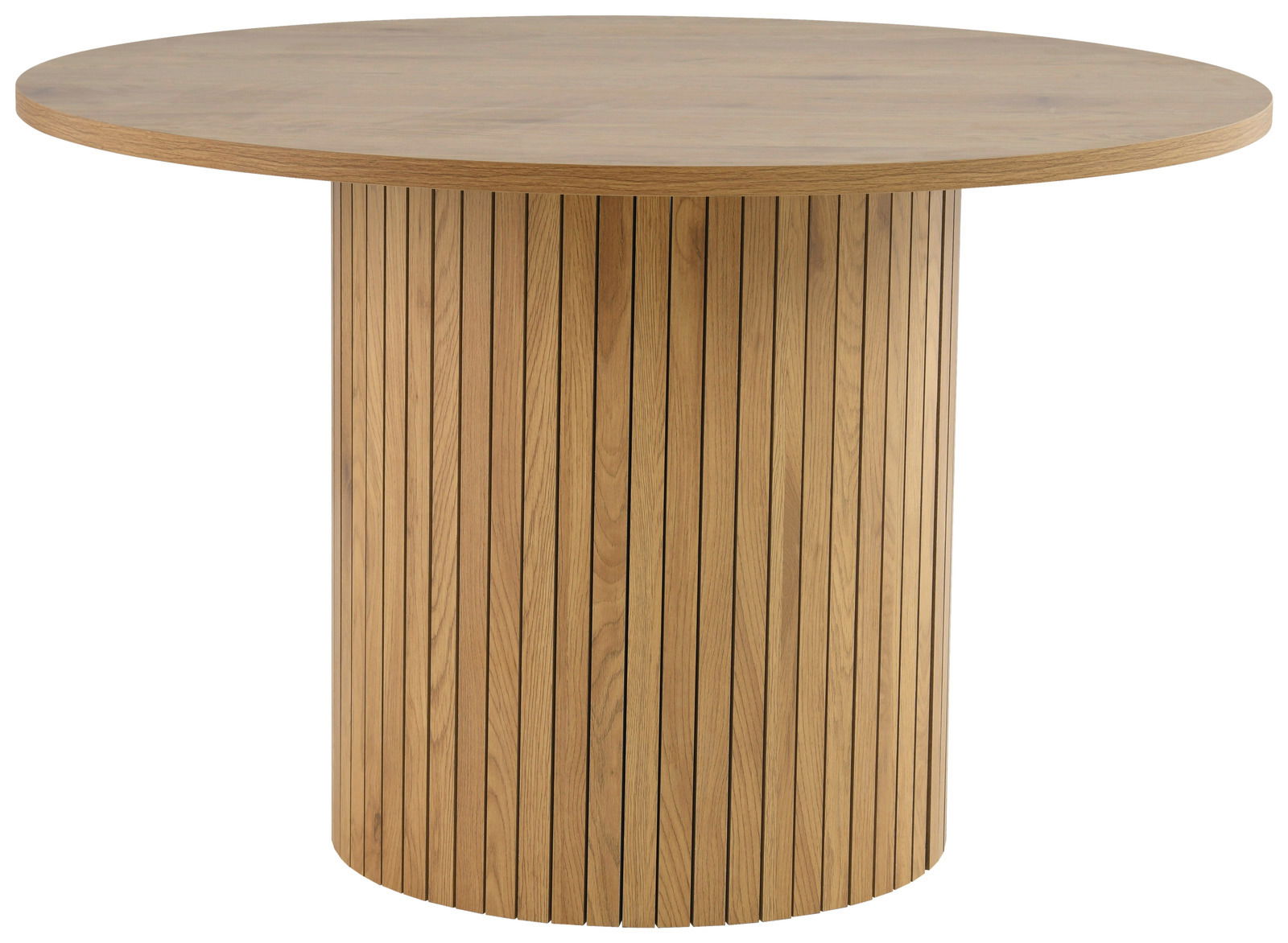 Runder Esstisch aus Holz mit vertikalen Streifen, seitliche Perspektive