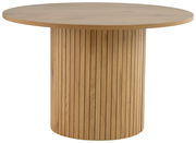 Runder Esstisch aus Holz mit vertikalen Streifen, seitliche Perspektive