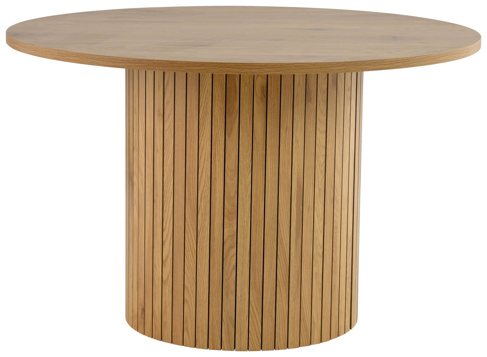 Runder Esstisch aus Holz mit vertikalen Streifen, seitliche Perspektive