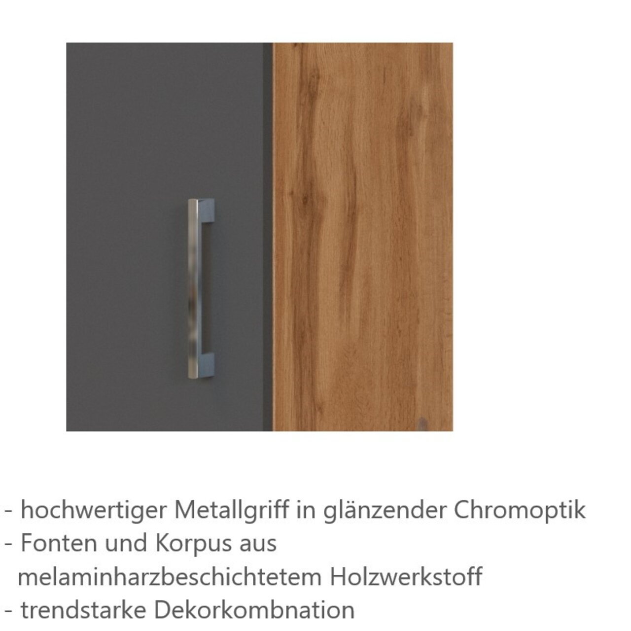 Detailansicht einer Küchenschranktür mit einem hochwertigen Metallgriff in glänzender Chromoptik und einer trendstarken Dekorkombination aus melaminharzbeschichtetem Holzwerkstoff.