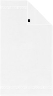 Weißes Joop! Handtuch mit eingewebter Logo-Bordüre, flach ausgebreitet in Draufsicht, Ecke umgeschlagen mit Markenlabel