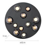 Ronde led-plafondlamp met meerdere lichtelementen, bovenaanzicht, diameter 60 cm, hoogte 17 cm.