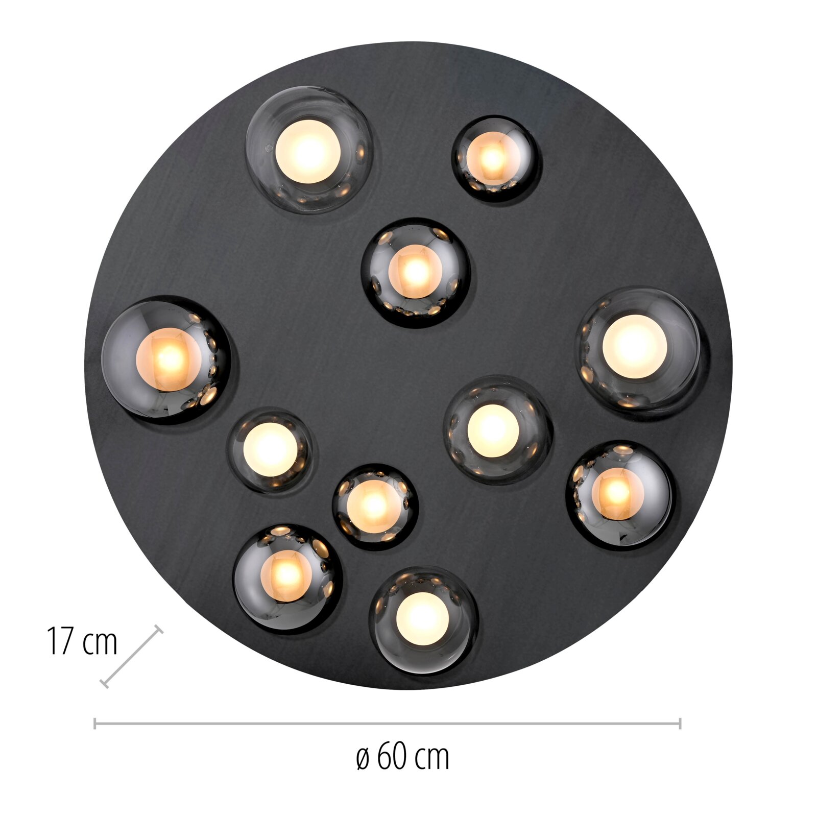 Ronde led-plafondlamp met meerdere lichtelementen, bovenaanzicht, diameter 60 cm, hoogte 17 cm.
