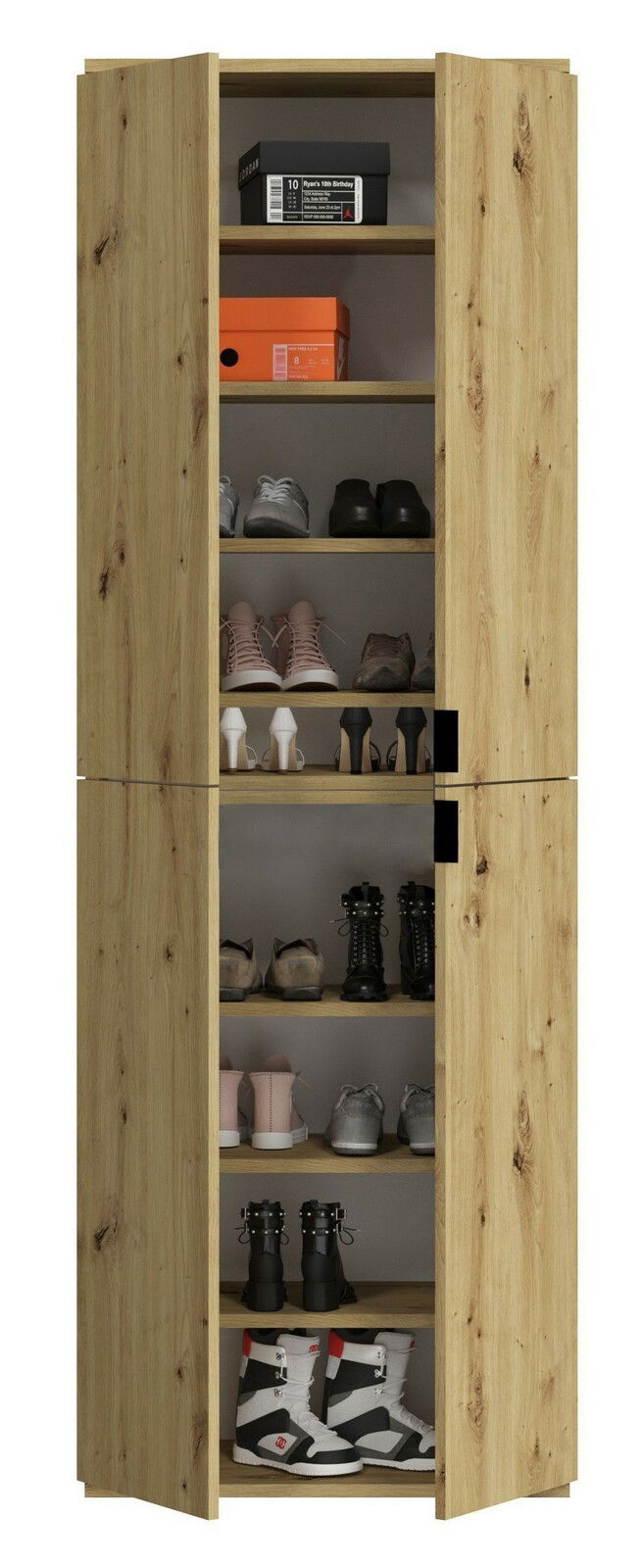 Holzschrank mit offenen Türen, gefüllt mit Schuhen und Schuhkartons, aus frontaler Perspektive.