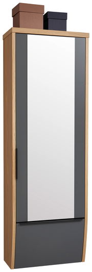 Hänge-Spiegelgarderobenschrank aus Holz mit grauen Akzenten, frontal abgebildet, mit zwei Aufbewahrungsboxen oben.