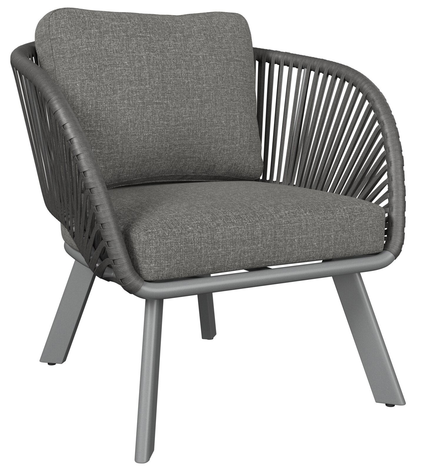 Grauer Loungesessel mit geflochtenem Design und Kissen, seitliche Perspektive