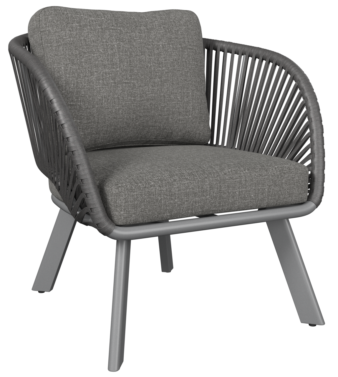 Ambia Garden Loungesessel KATO Grauer Loungesessel mit geflochtenem Design und Kissen, seitliche Perspektive