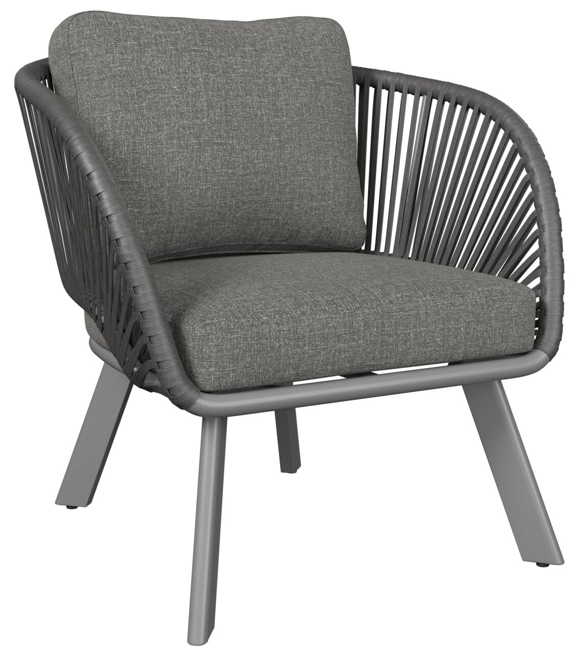 Grauer Loungesessel mit geflochtenem Design und Kissen, seitliche Perspektive