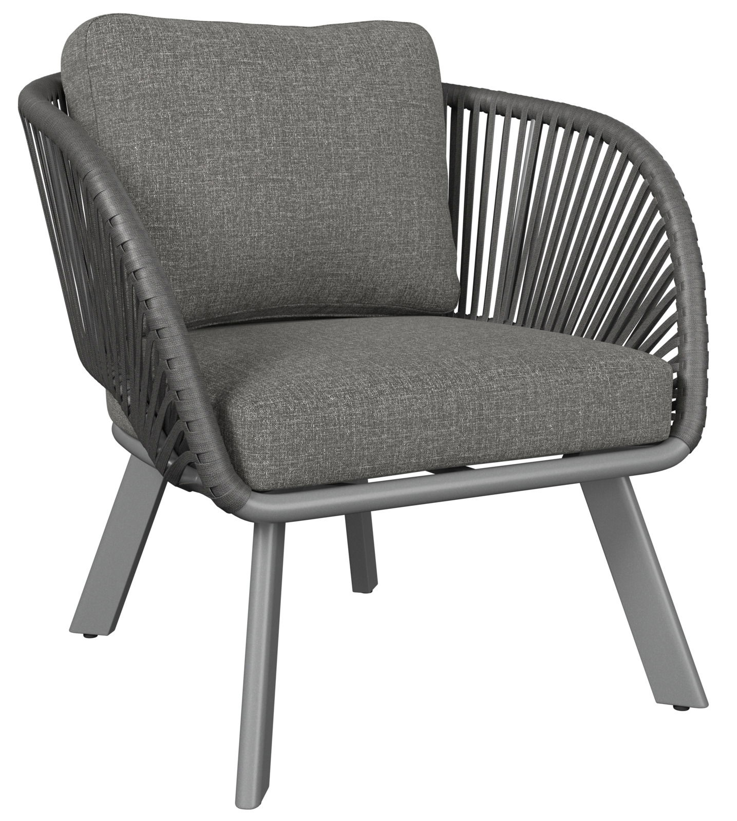 Grauer Loungesessel mit geflochtenem Design und Kissen, seitliche Perspektive