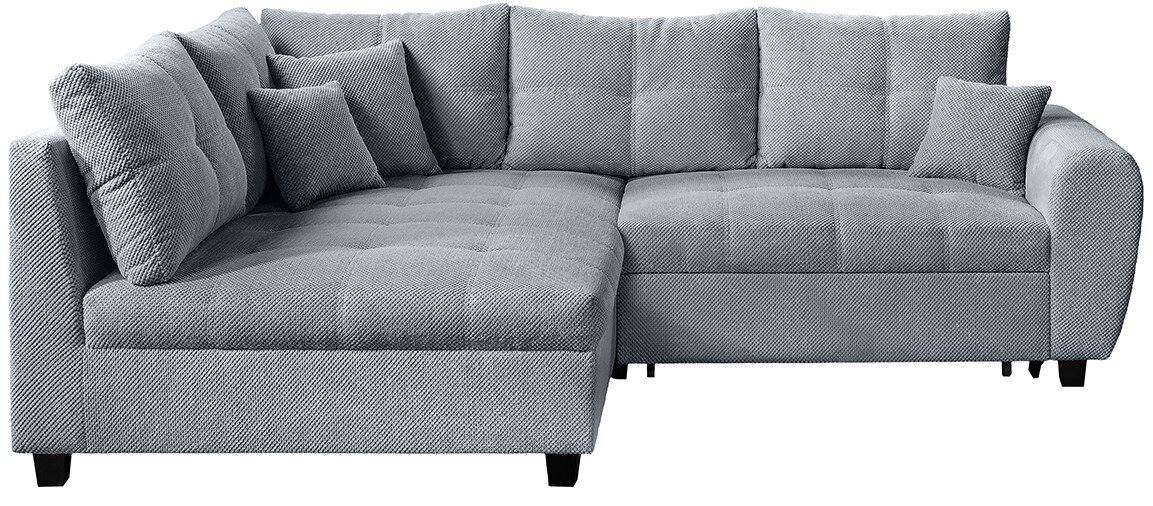 Graues Ecksofa mit mehreren Kissen, Vorderansicht