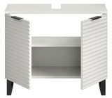 Moderner weißer Waschbeckenunterschrank mit offenen Türen, geriffeltem Design und schwarzem Fußgestell, Frontalansicht.