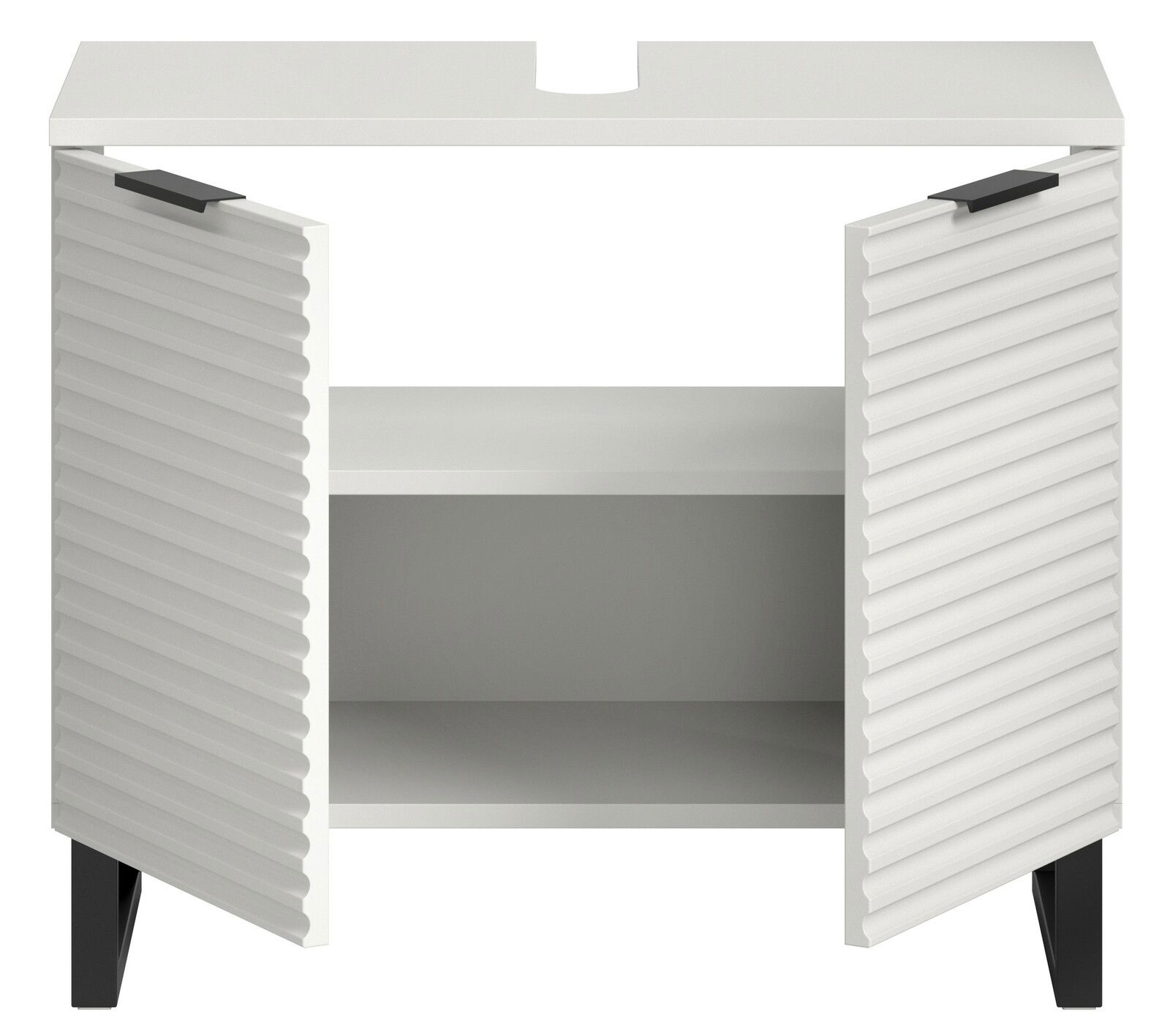 Moderner weißer Waschbeckenunterschrank mit offenen Türen, geriffeltem Design und schwarzem Fußgestell, Frontalansicht.