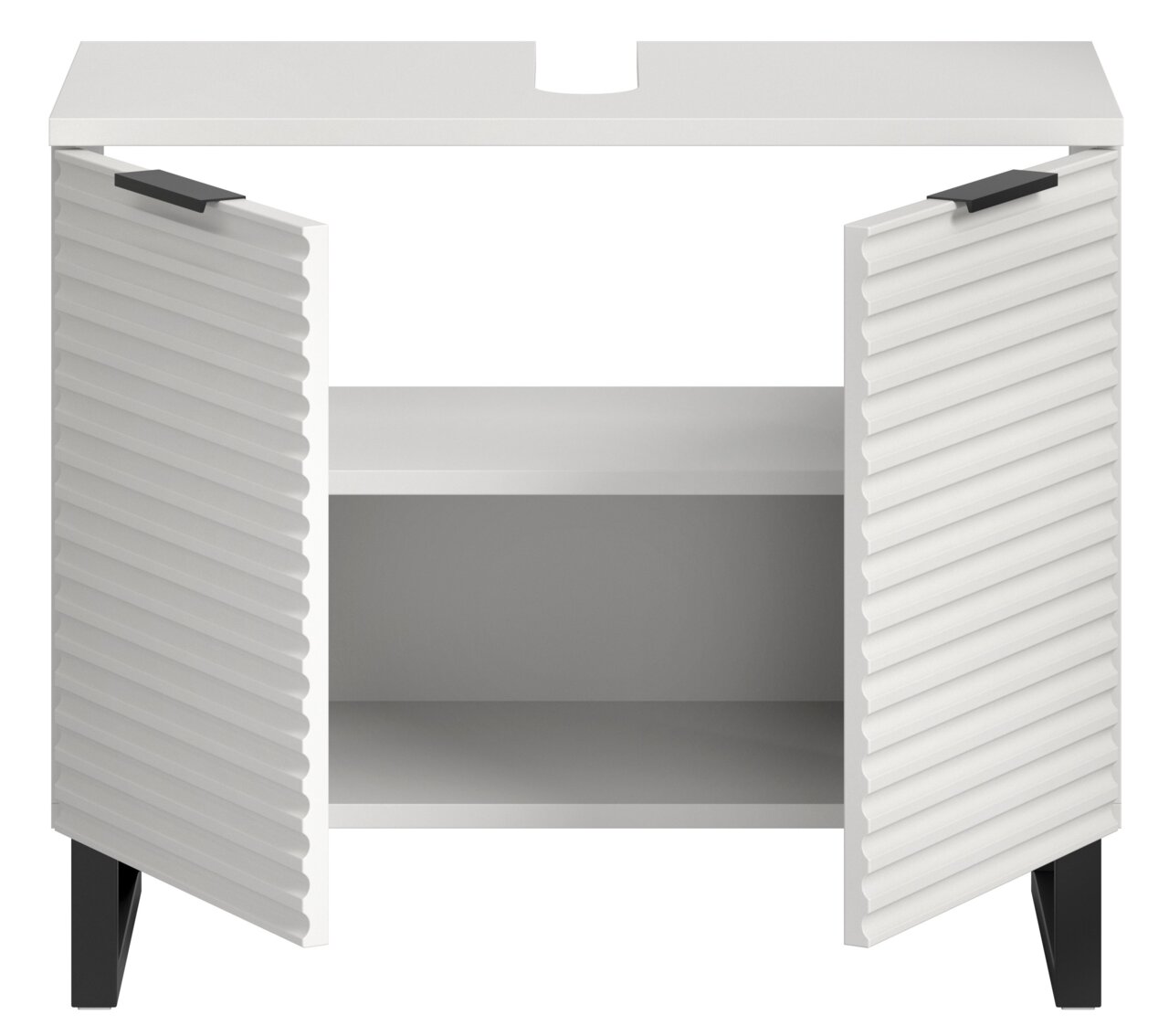 Moderner weißer Waschbeckenunterschrank mit offenen Türen, geriffeltem Design und schwarzem Fußgestell, Frontalansicht.