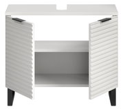 Moderner weißer Waschbeckenunterschrank mit offenen Türen, geriffeltem Design und schwarzem Fußgestell, Frontalansicht.