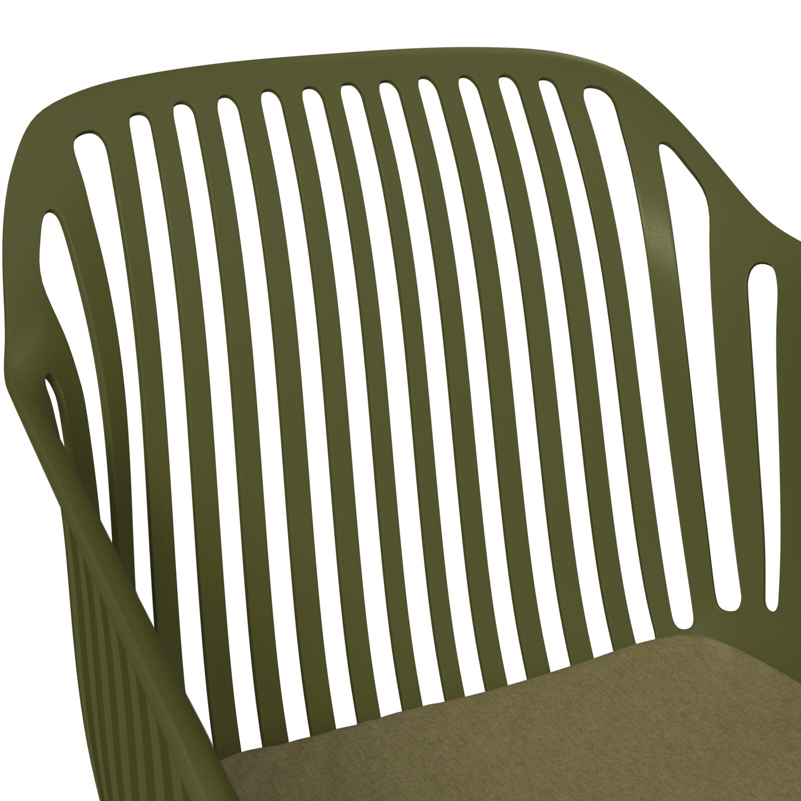 Grüner Stapelsessel mit Lamellenrückenlehne, seitliche Perspektive