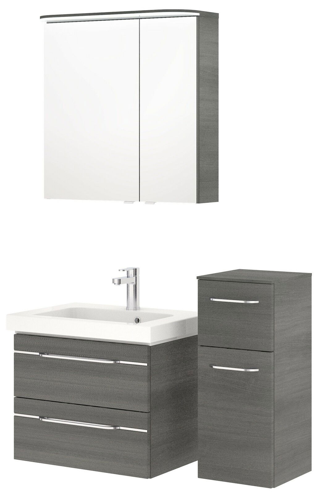 Pelipal Badblok BALTO SPRINT Badezimmermöbel-Set mit Spiegelschrank, Waschbeckenunterschrank und Hochschrank in grauer Holzoptik, Frontalansicht
