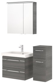 Badezimmermöbel-Set mit Spiegelschrank, Waschbeckenunterschrank und Hochschrank in grauer Holzoptik, Frontalansicht