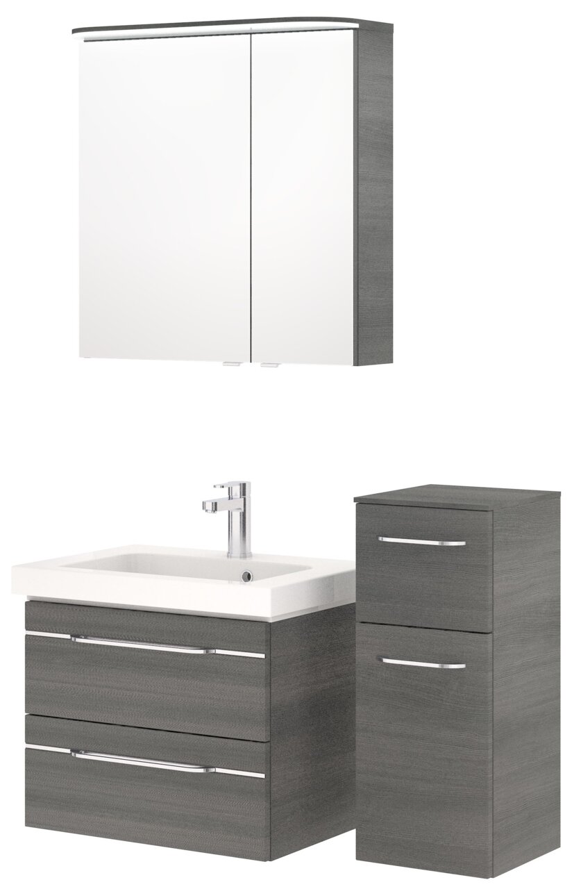Badezimmermöbel-Set mit Spiegelschrank, Waschbeckenunterschrank und Hochschrank in grauer Holzoptik, Frontalansicht