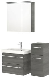 Badezimmermöbel-Set mit Spiegelschrank, Waschbeckenunterschrank und Hochschrank in grauer Holzoptik, Frontalansicht