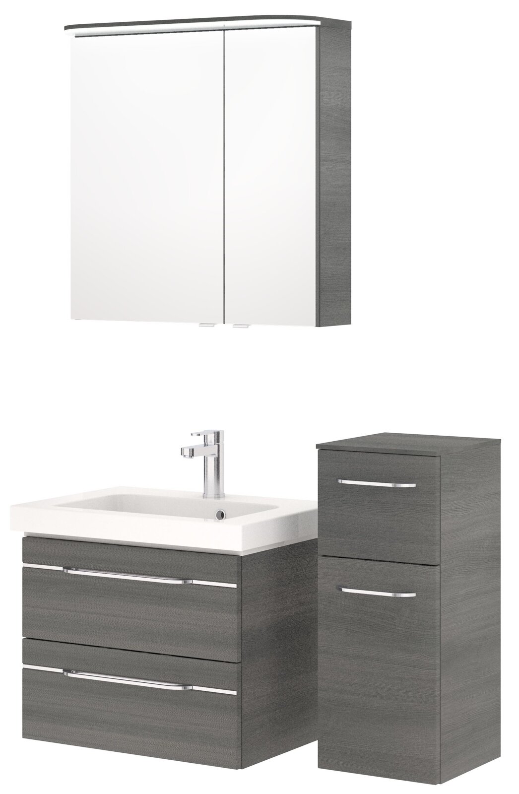 Badezimmermöbel-Set mit Spiegelschrank, Waschbeckenunterschrank und Hochschrank in grauer Holzoptik, Frontalansicht