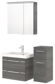 Badezimmermöbel-Set mit Spiegelschrank, Waschbeckenunterschrank und Hochschrank in grauer Holzoptik, Frontalansicht
