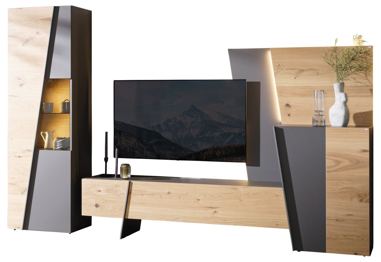 Voglauer Wohnwand BEZATONO LIVING Moderne Wohnwand in Holzoptik mit asymmetrischen Elementen, bestehend aus einem hohen Schrank mit offenen Regalen, einem TV-Board und einem weiteren Schrank, seitliche Perspektive.
