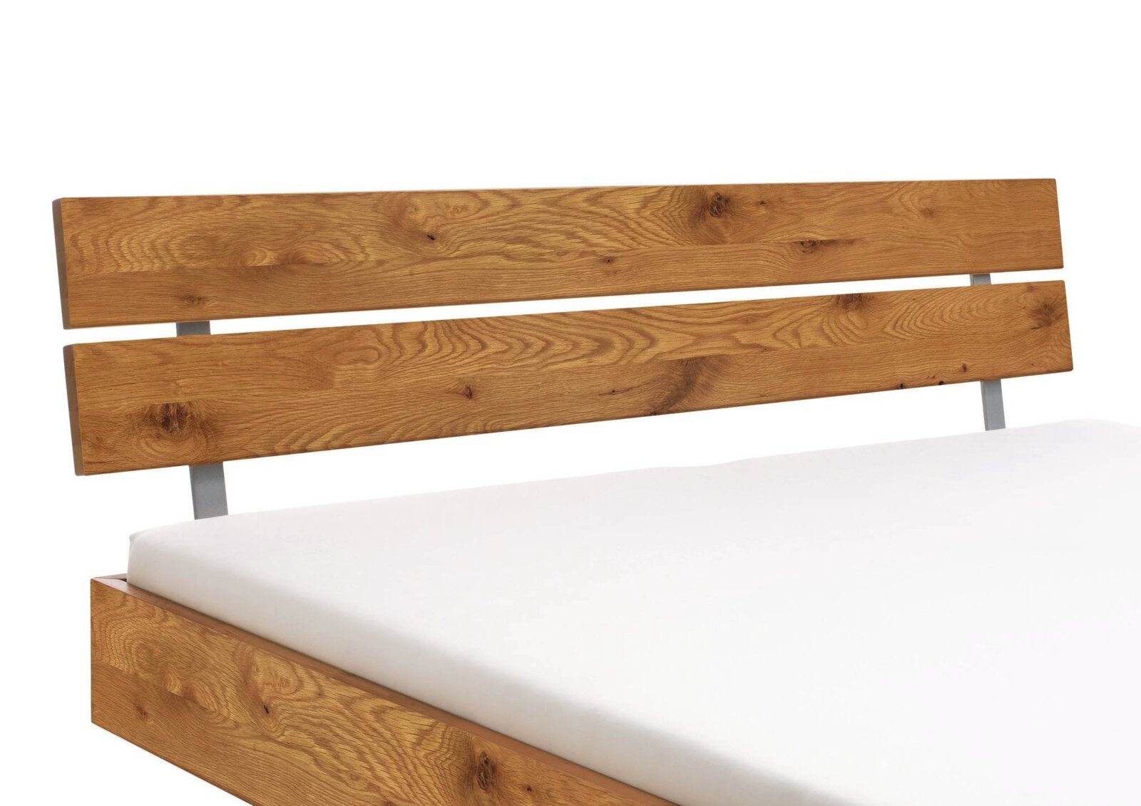 Holz- und Metallkopfteil in seitlicher Perspektive, mit klarer Holzmaserung und modernem Design.