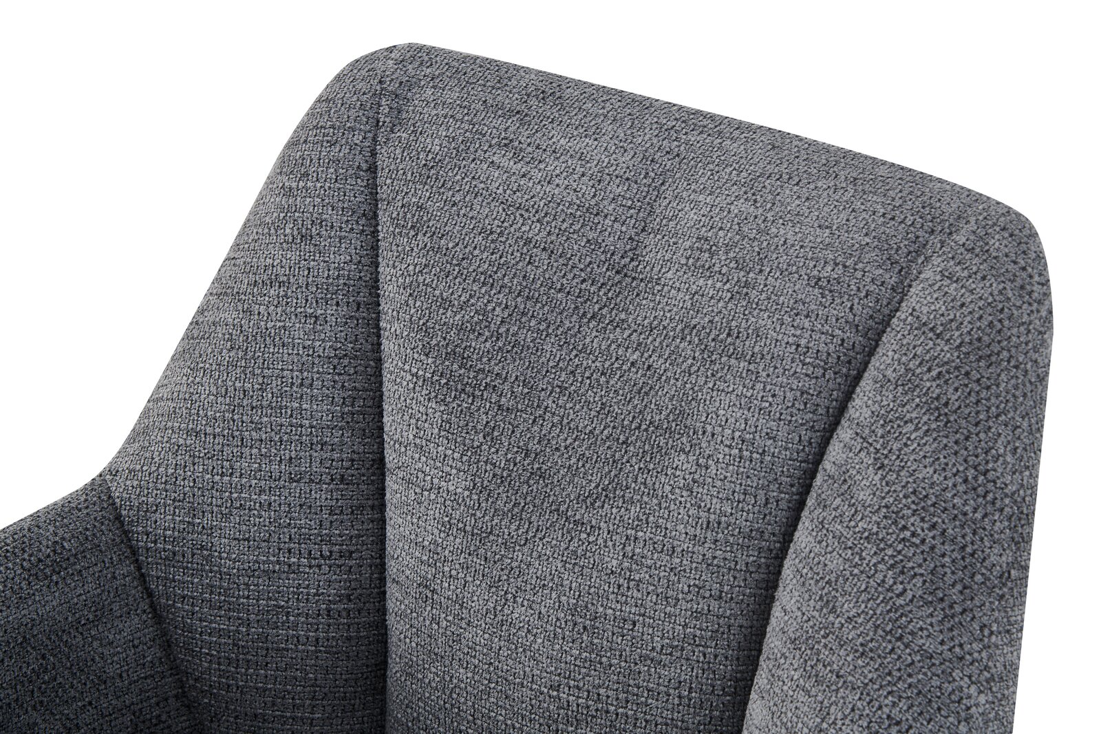 Nahaufnahme der Rückenlehne und Armlehne eines grauen, strukturierten Polstersessels in schräger Seitenansicht von oben vor weißem Hintergrund