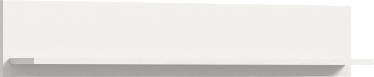 Minimalistisches weißes Wandregal mit langem, schwebendem Regalbrett und kleinem seitlichen Block, frontale Seitenansicht auf weißem Hintergrund.