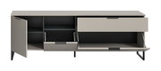 Modernes Sideboard in Taupe/Grau mit schwarzen Metallfüßen, links geöffnete Drehtür und rechts geöffnete Klappenfächer mit Gasdruckdämpfern, Frontansicht leicht von oben