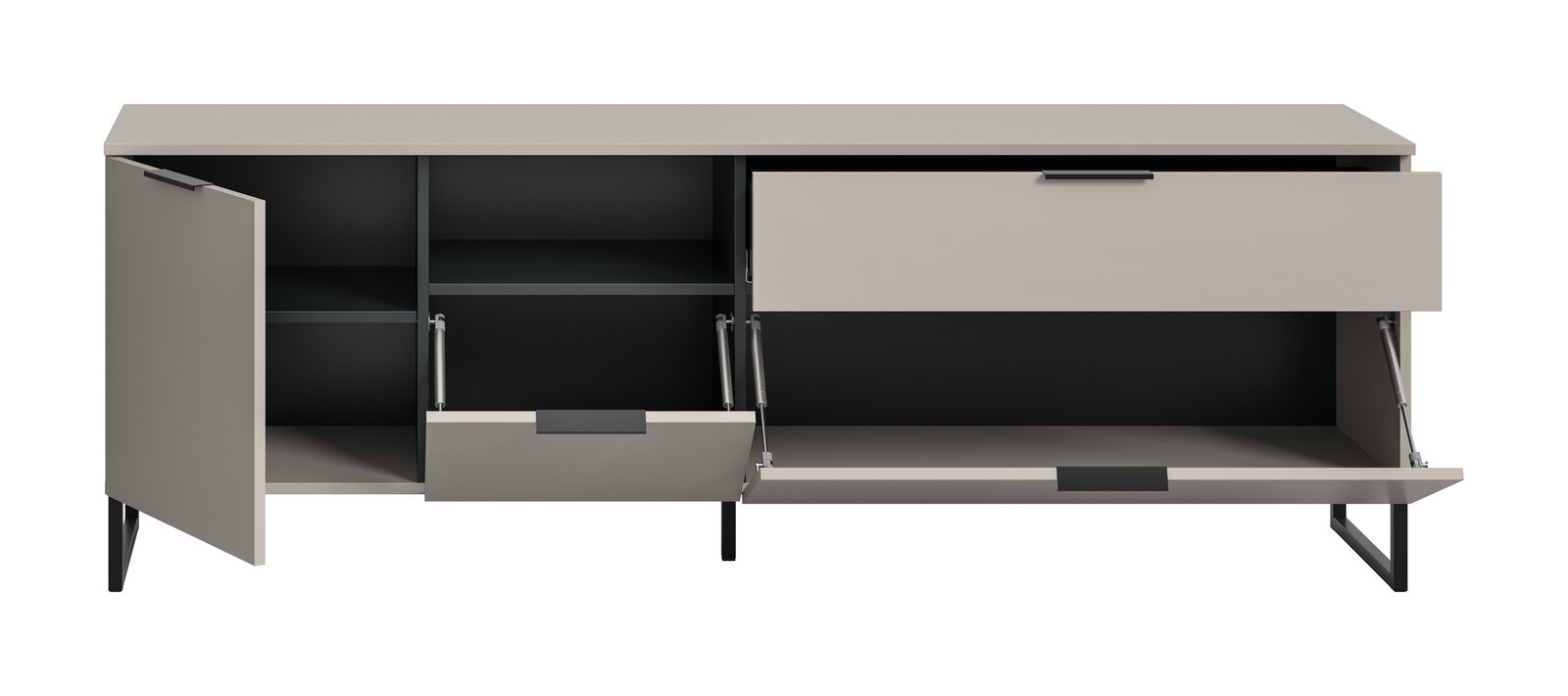 Modernes Sideboard in Taupe/Grau mit schwarzen Metallfüßen, links geöffnete Drehtür und rechts geöffnete Klappenfächer mit Gasdruckdämpfern, Frontansicht leicht von oben