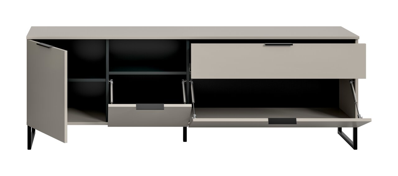 Modernes Sideboard in Taupe/Grau mit schwarzen Metallfüßen, links geöffnete Drehtür und rechts geöffnete Klappenfächer mit Gasdruckdämpfern, Frontansicht leicht von oben