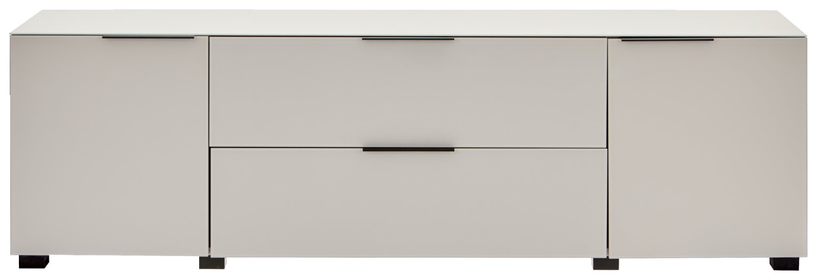 Modernes Sideboard/Lowboard in Hellgrau mit zwei Türen links und rechts sowie zwei mittigen Schubladen, flache schwarze Griffleisten und schwarze Füße, Produktansicht frontal von vorne.