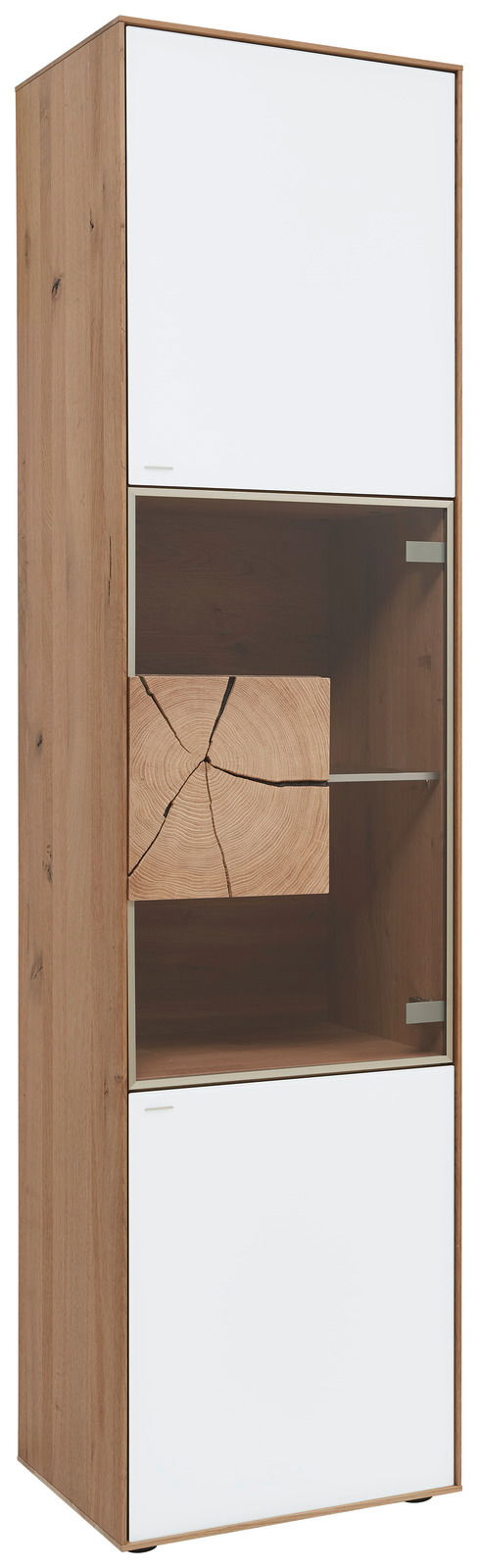 Valnatura Vitrine (rechts) LAGO Vitrine aus Holz mit zwei weißen Türen und einem Glaseinsatz in der Mitte, perspektivisch von vorne rechts fotografiert.