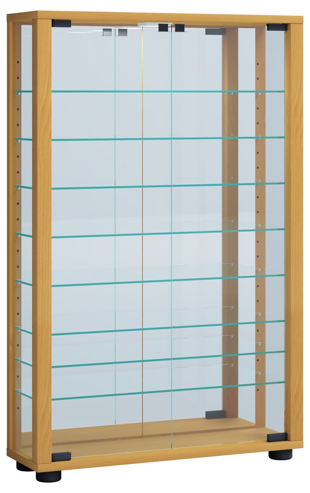 Vitrine aus hellem Holz mit transparenten Glasböden und Glastüren, freistehend auf schwarzen Füßen, frontal leicht schräg von vorne rechts fotografiert