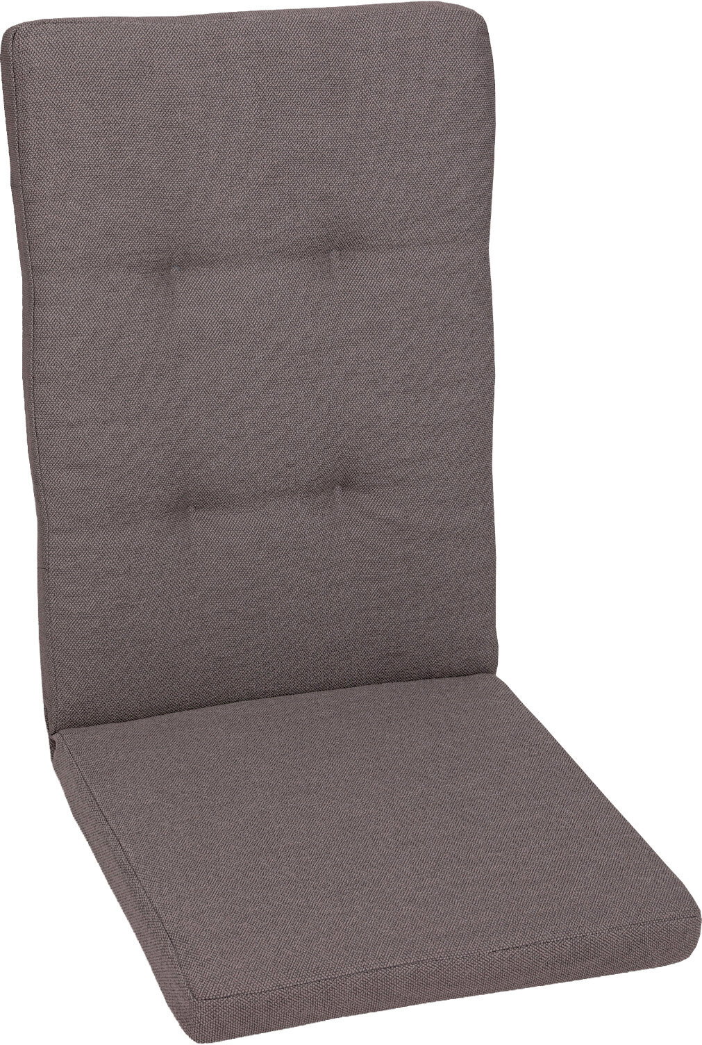 Graues, gepolstertes Stuhlauflagen-Kissen mit hoher Rückenlehne und Knopfheftung, schräg von vorne fotografiert