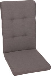Graues, gepolstertes Stuhlauflagen-Kissen mit hoher Rückenlehne und Knopfheftung, schräg von vorne fotografiert