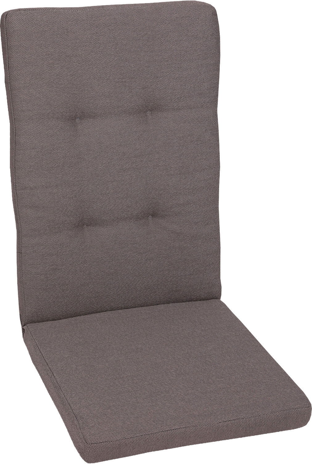 Graues, gepolstertes Stuhlauflagen-Kissen mit hoher Rückenlehne und Knopfheftung, schräg von vorne fotografiert