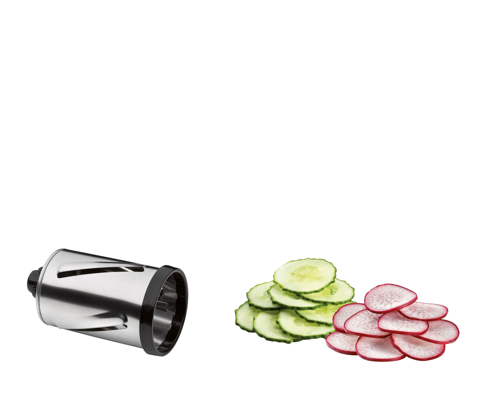 Trommelreibe Rapid aus seitlicher Perspektive mit geschnittenen Gurken- und Radieschenscheiben