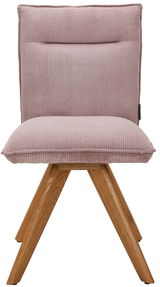 Moderner Stuhl mit rosa, geripptem Stoffbezug und Holzbeinen, Frontalansicht