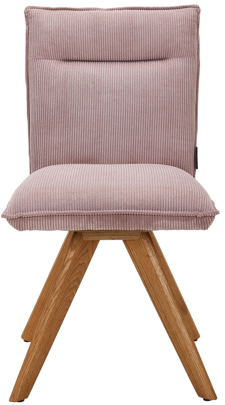 Moderner Stuhl mit rosa, geripptem Stoffbezug und Holzbeinen, Frontalansicht