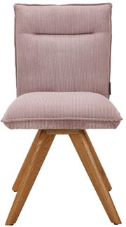 Moderner Stuhl mit rosa, geripptem Stoffbezug und Holzbeinen, Frontalansicht