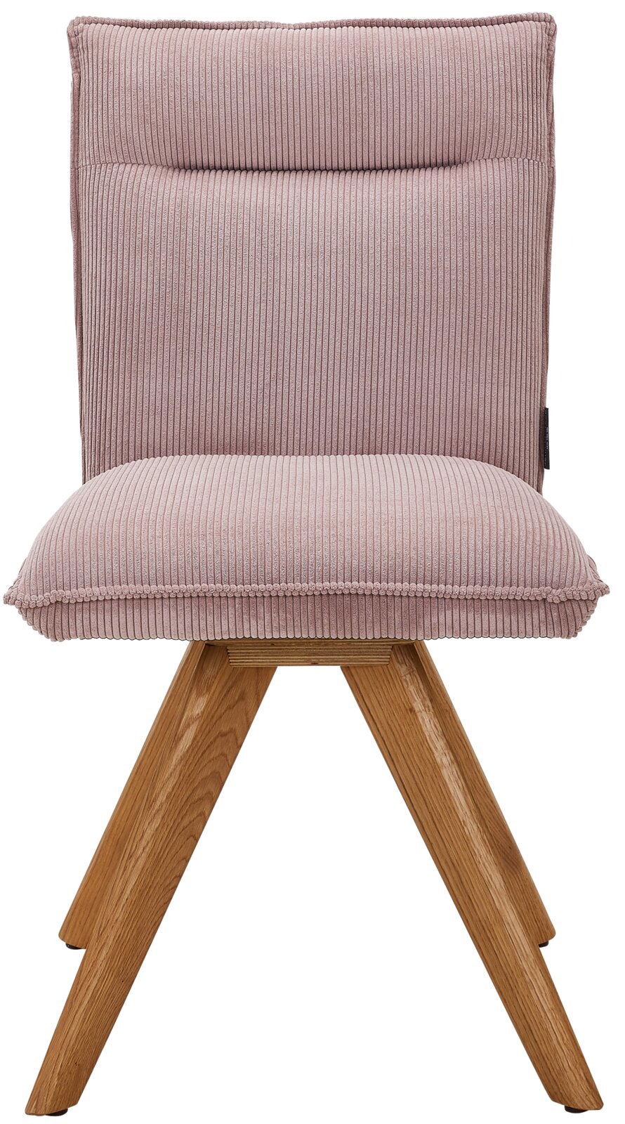 Moderner Stuhl mit rosa, geripptem Stoffbezug und Holzbeinen, Frontalansicht