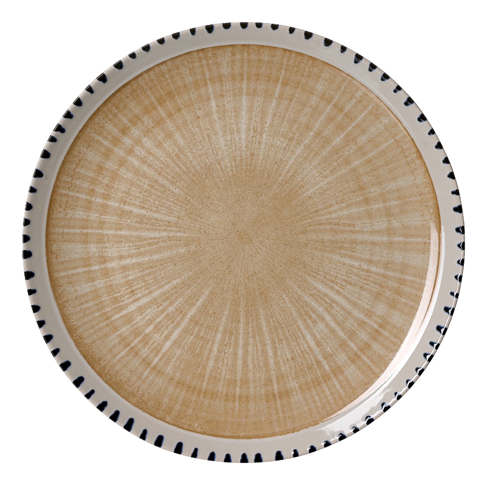 Rond beige keramisch bord met een subtiel straalpatroon en een lichte rand met donkerblauwe accenten, van bovenaf gezien