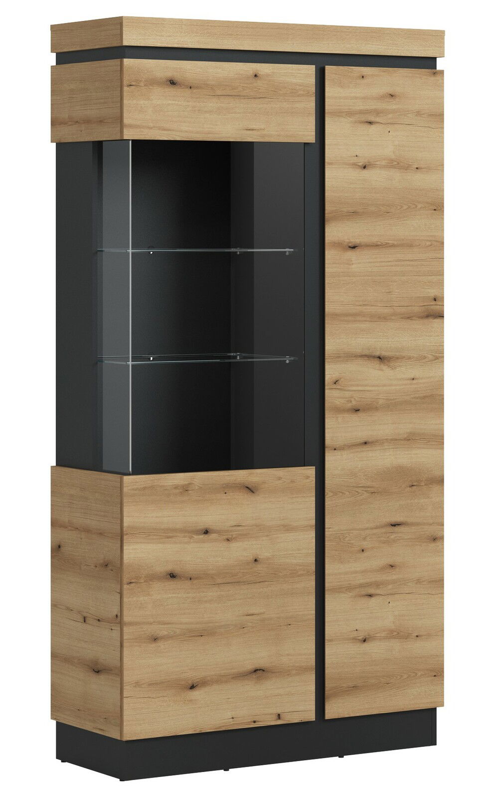 Vitrine aus Holz mit Glaselementen, seitliche Perspektive